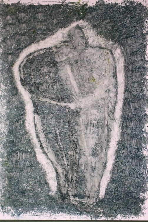 Gemälde „Genitori“ — sich umschlingende Figuren in Grautönen