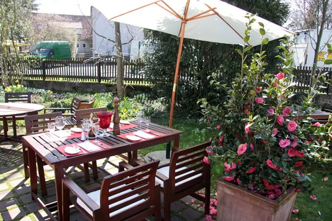 Sonnige Gartenterrasse mit gedeckten Tischen und blühenden Kamelien